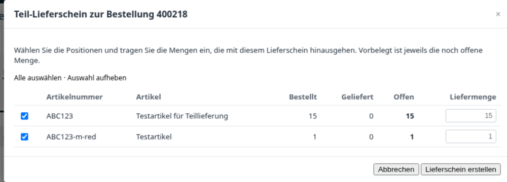 M0049 - Teillieferungen - Bestelldetailanzeige