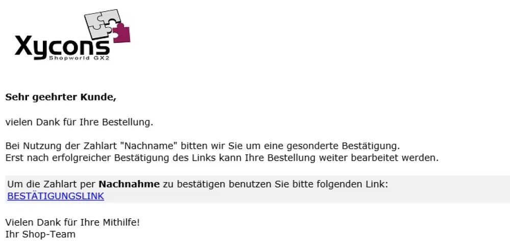 Nachnahme-Bestätigung Mailinfo