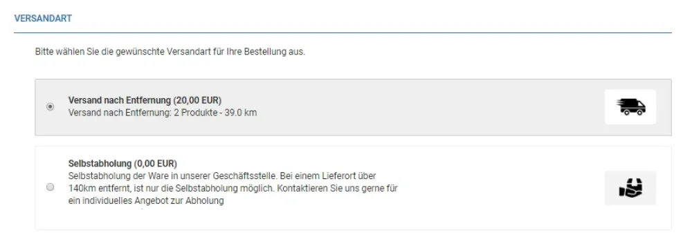 Versand nach Entfernung Info