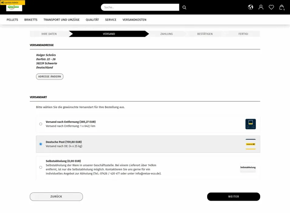 Versand nach Entfernung - Versandart