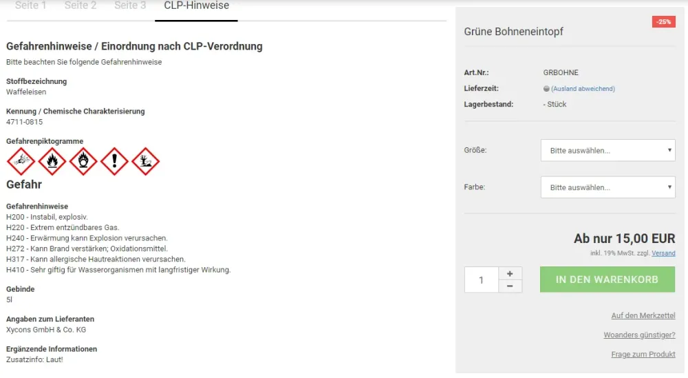 H-Sätze & Warnhinweise / CLP-Hinweise - Beispielanzeige