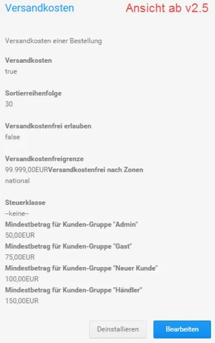 Versandkostenfreie Kundengruppen - Setupleiste B