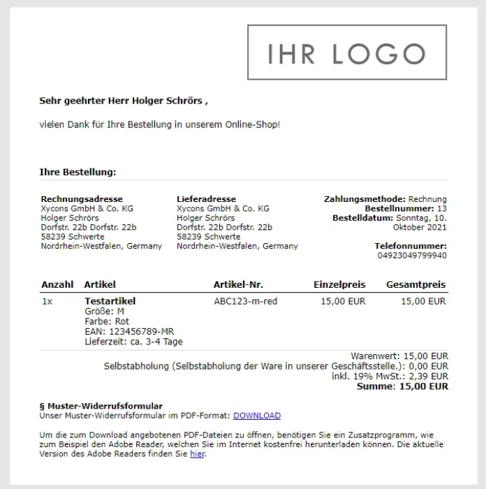 EAN Bestellbestätigung