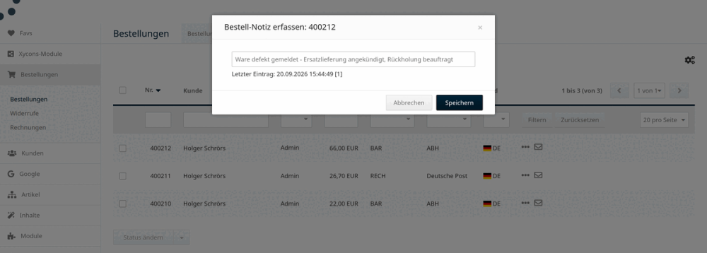 M0110 - Bestell-Notiz - Eingabe
