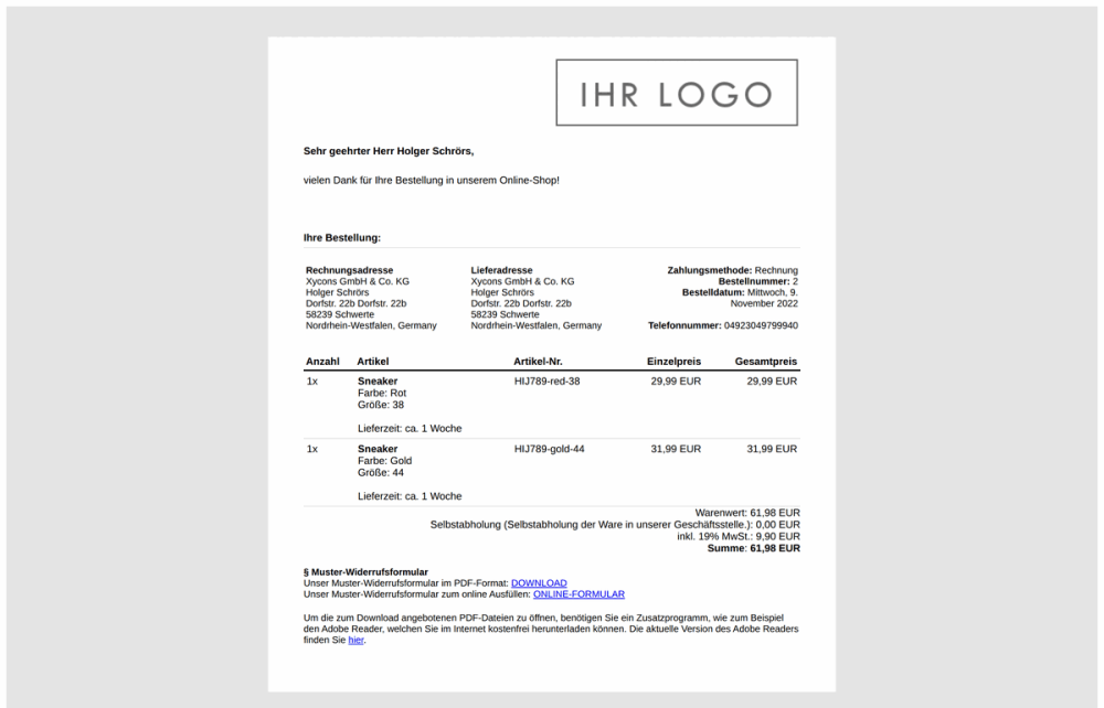 M0118 - Bestellbestätigungsdrucker - Druckansicht