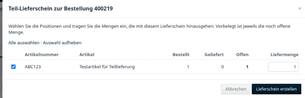 M0049 - Teillieferungen - Auswahlfenster