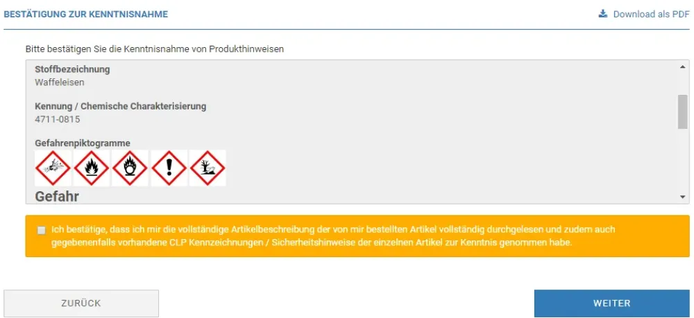 H-Sätze & Warnhinweise / CLP-Hinweise - Beispielanzeige Bestellprozess