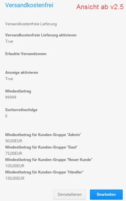 Versandkostenfreie Kundengruppen - Setupleiste A