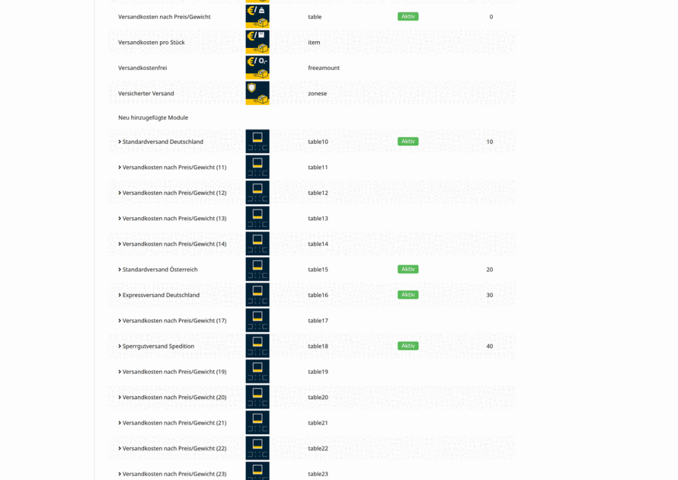 M0096 - MoreTablesXL - Versandarten Backend 1