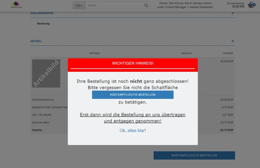 Page-Popups - Beispiel Bestellabschlussseite