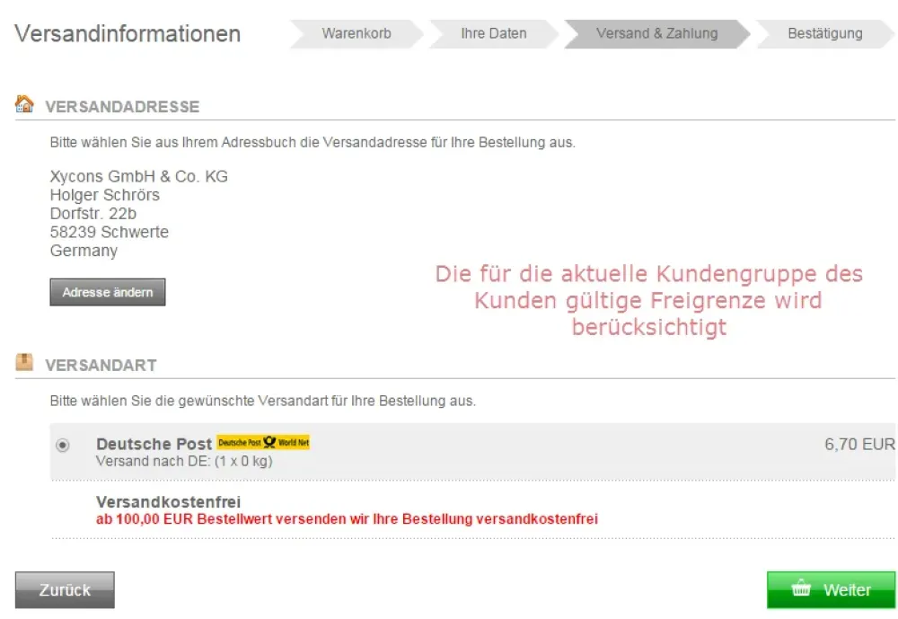 Versandkostenfreie Kundengruppen - Versandseite
